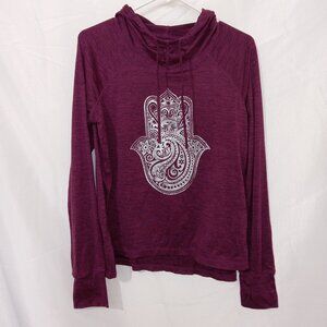 Gaiam Yoga Hoodie Womens M Burgundy Hamsa Hand Thumbhole Lightweight Pullover